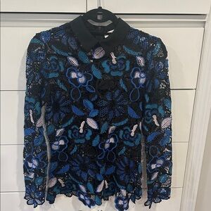 Floral Lace Long Sleeve Top - Black and Blue
